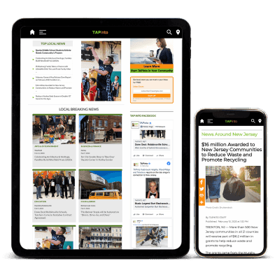 The TAPinto local news site on a tablet and a phone, showing top local news, breaking news, and a story page